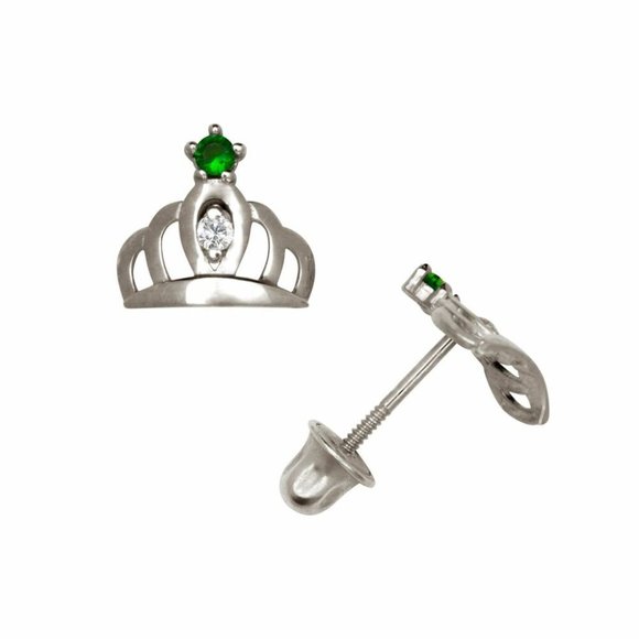 14K Solid Gold Royal Crown Screw back Stud Earrings with May Emerald Birthstone - Picture 3 of 3